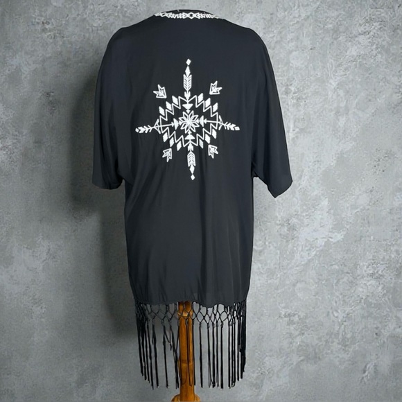 Love Tree Happens Open Tribal/Western Embroidered Kimono w/ Fringe Tassels Large - Picture 10 of 16